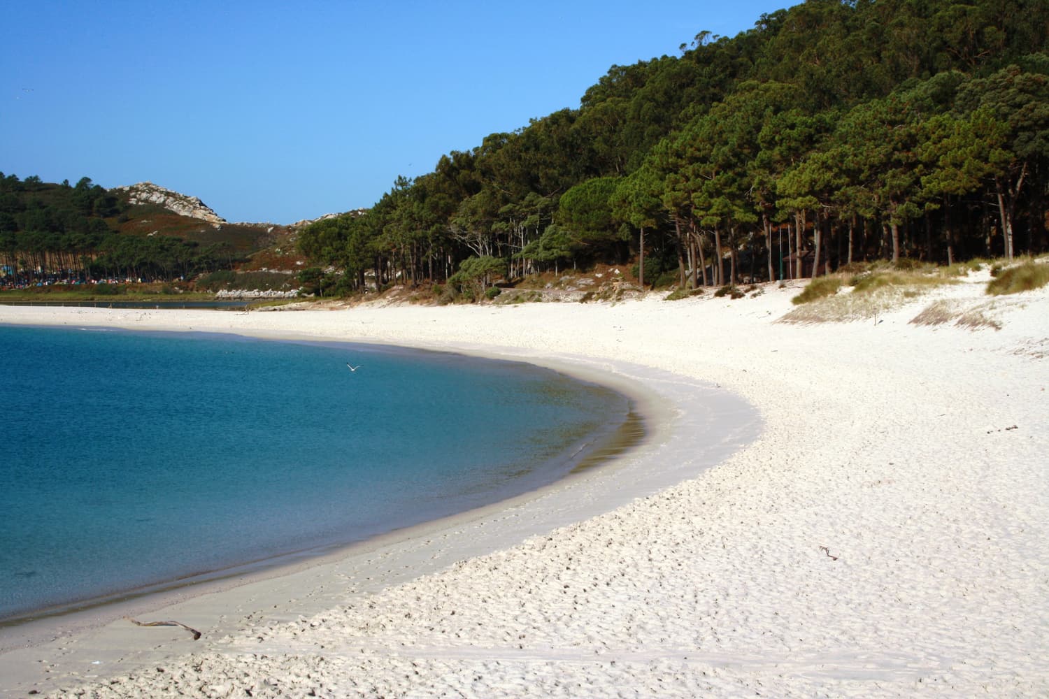 The white-sand curve of Rodas beach and its turquoise lagoon on the Cíes Islands