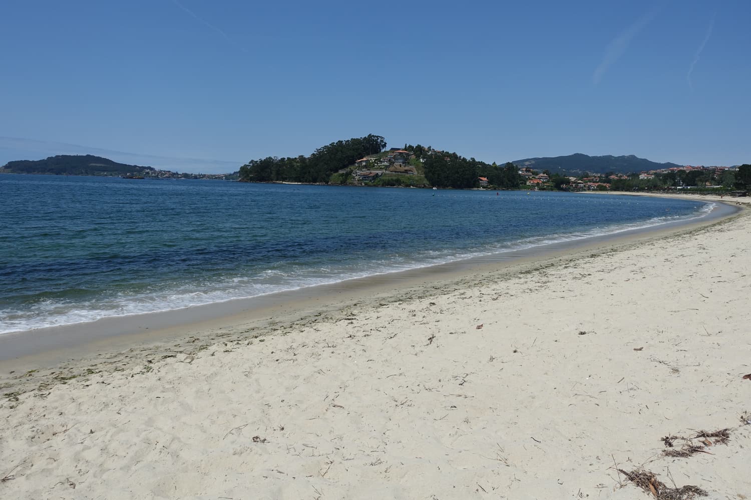 The wide pale sand of Ladeira beach in Baiona, with wooded headlands across the bay